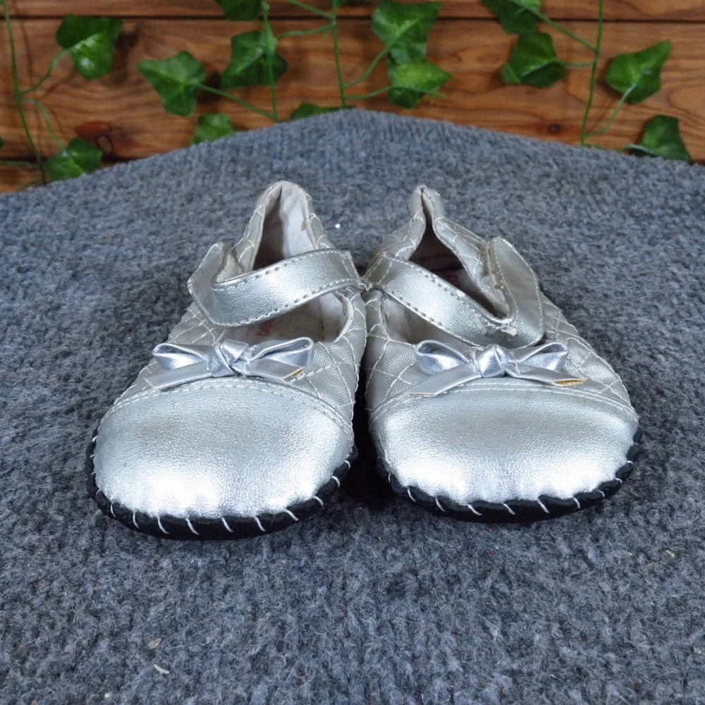 Pediped Originals Baby Girls Mary Jane Shoes Size 4-4.5‎ 6-12M Dressy Silver Bow